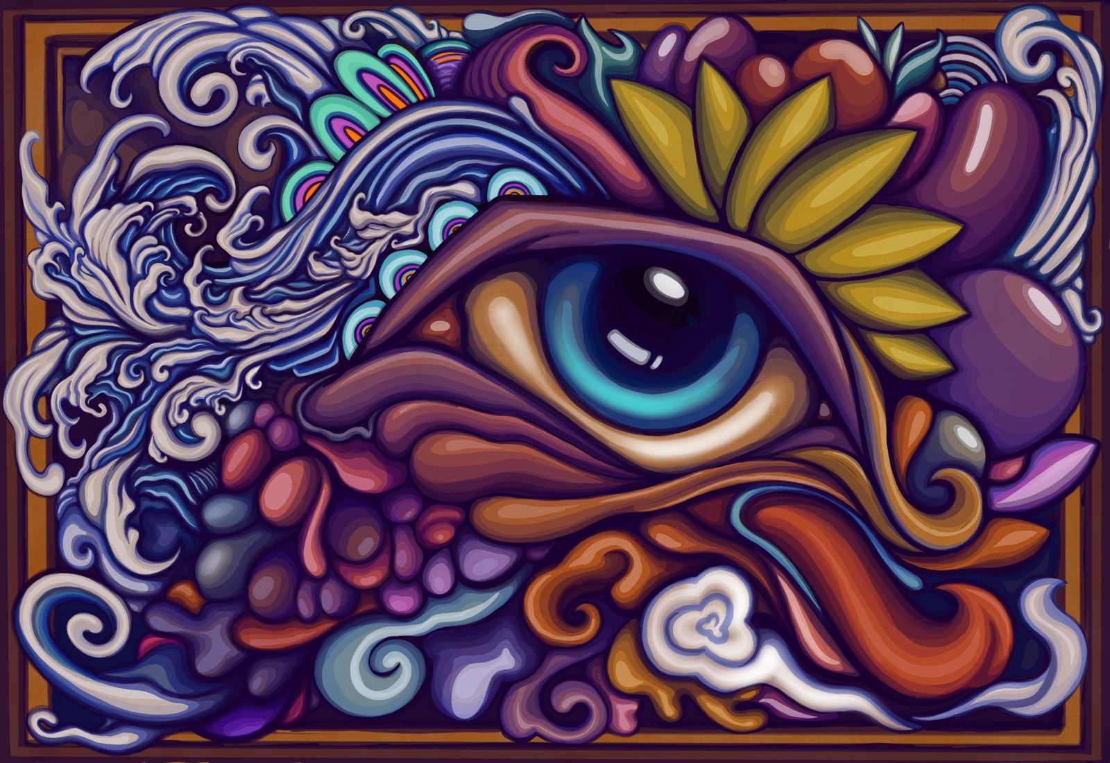 Large ornate eye surrounded by petal forms, curling waves, and decorative scrollwork.