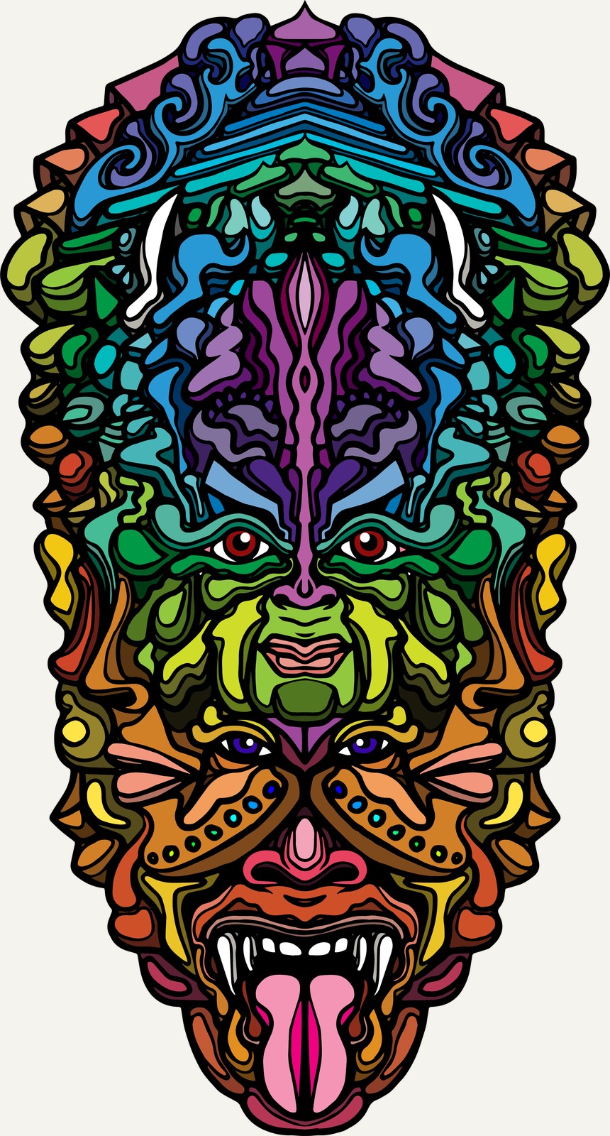 Symmetrical multi-faced deity mask in saturated rainbow colors with a central protruding tongue.