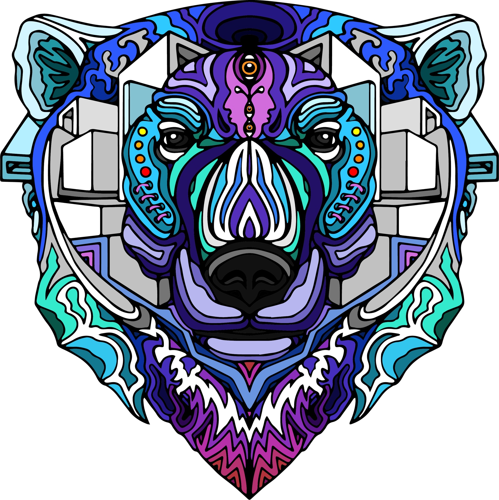 Geometric blue, white, and violet bear head with mechanical ornament and a third-eye motif.