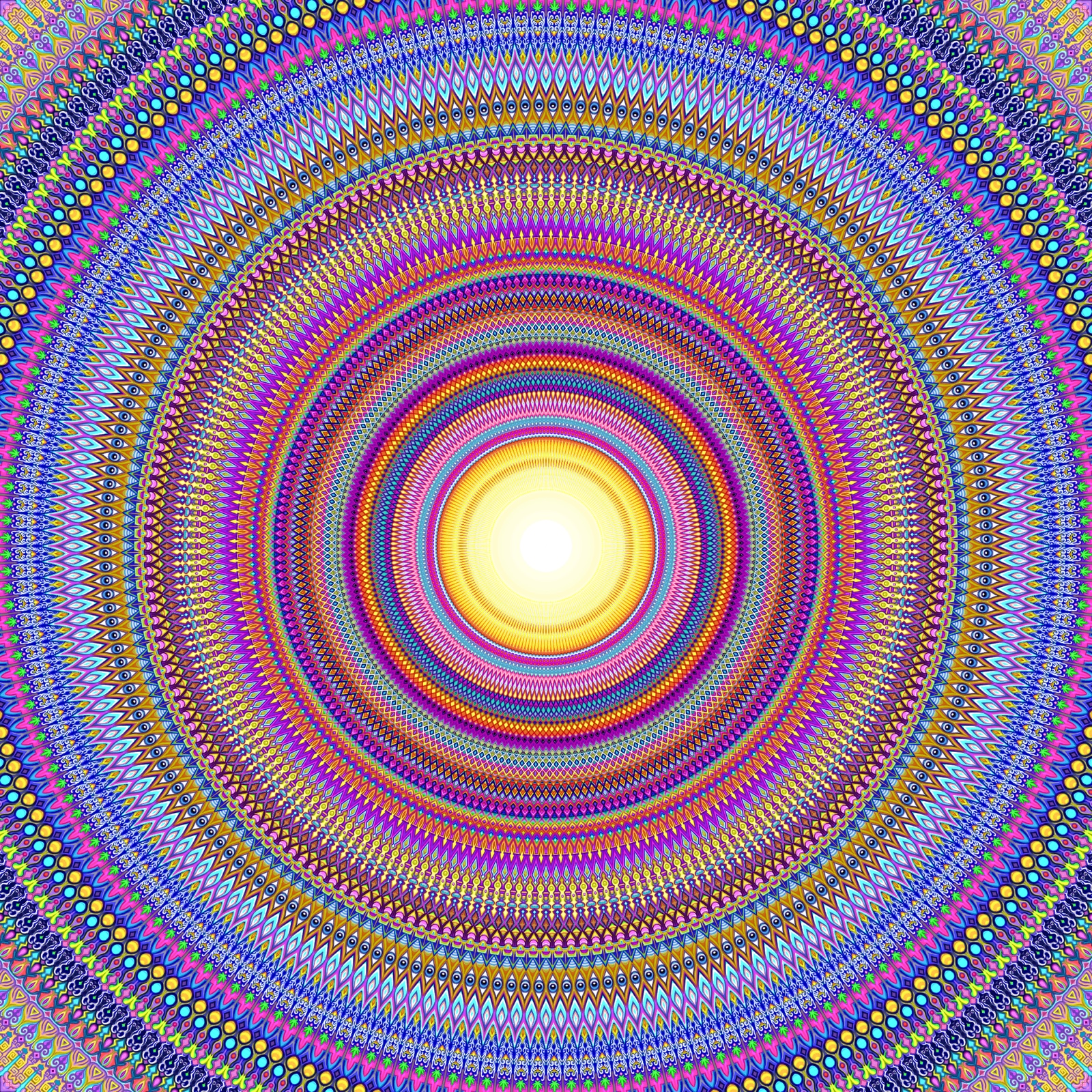 Concentric multicolored rings form a luminous circular vortex around a bright center.