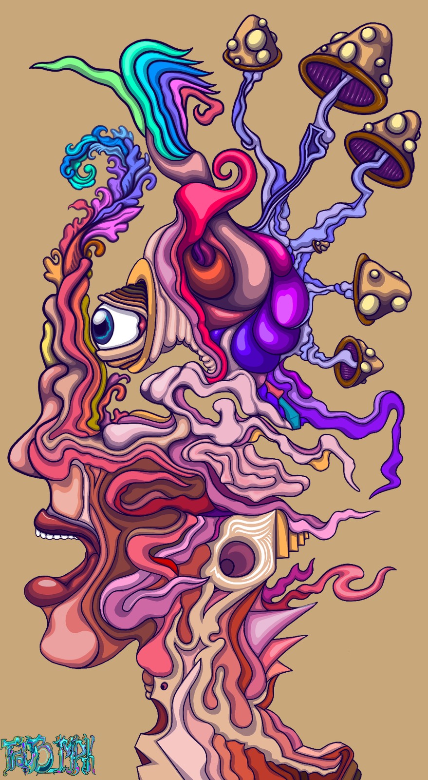 Surreal multicolored organism composed of flowing faces, eyes, mushrooms, and ribbon-like forms.